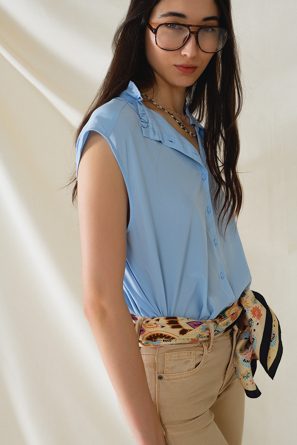 Q2 Mao Collar Sleeveless Blue Button up Blouse