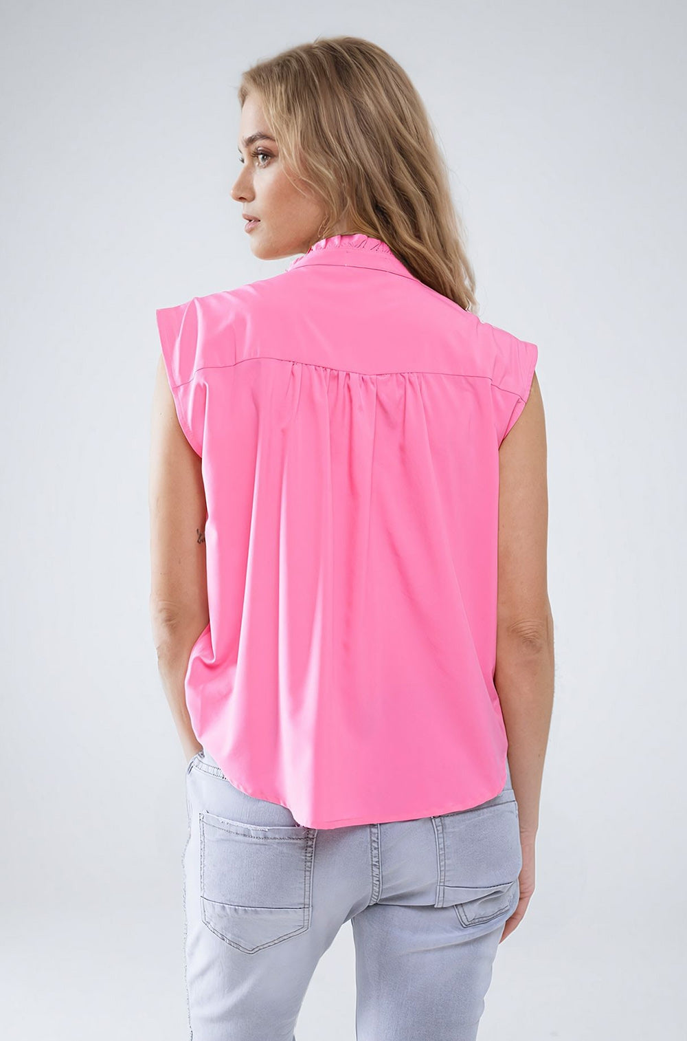 Mao Collar Sleeveless Pink Button up Blouse Q2 Shirts BoutiqueLua