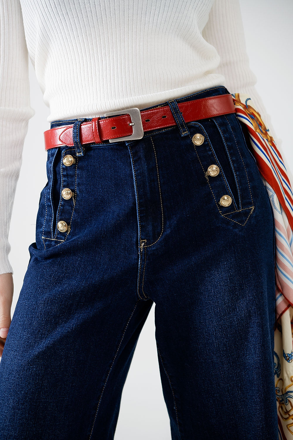 Marine-style Wide Leg Jeans With Gold Buttons