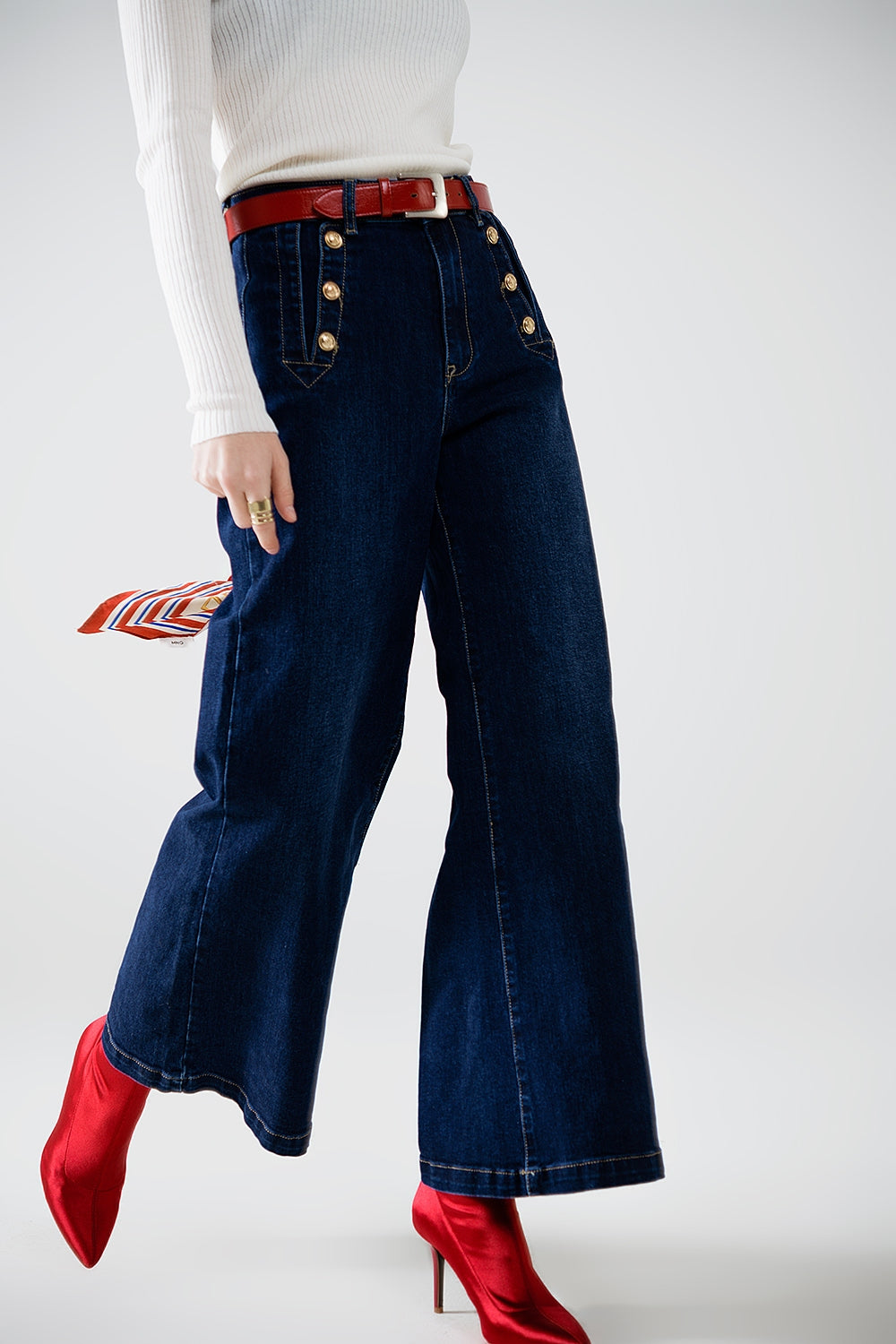 Marine-style Wide Leg Jeans With Gold Buttons