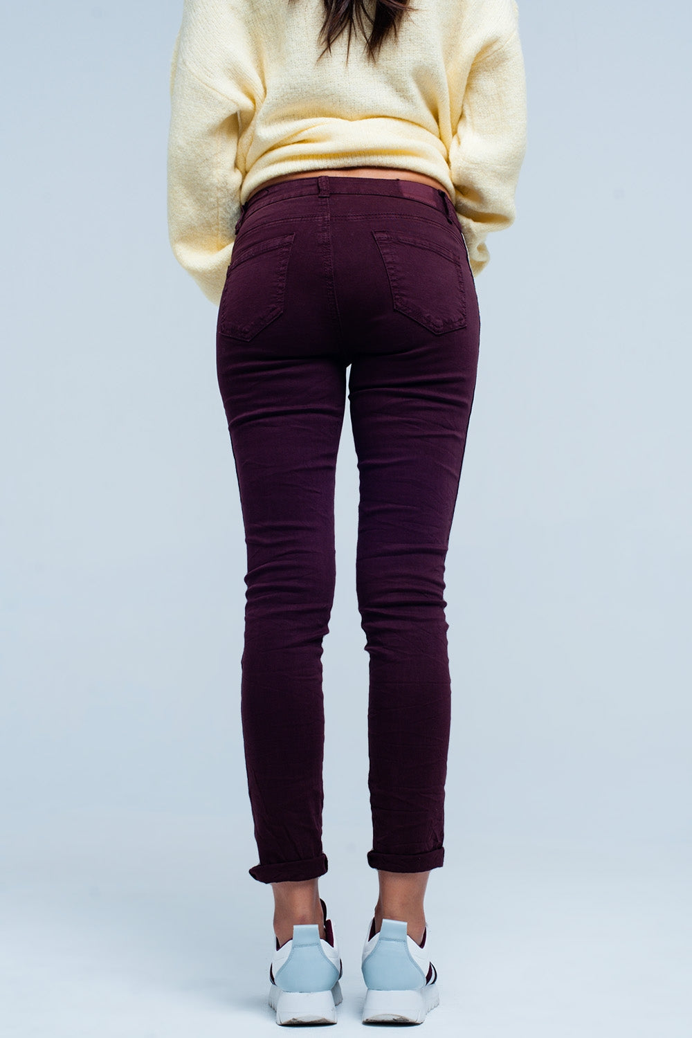 Maroon skinny jeans with metal side stripe Q2 Jeans BoutiqueLua