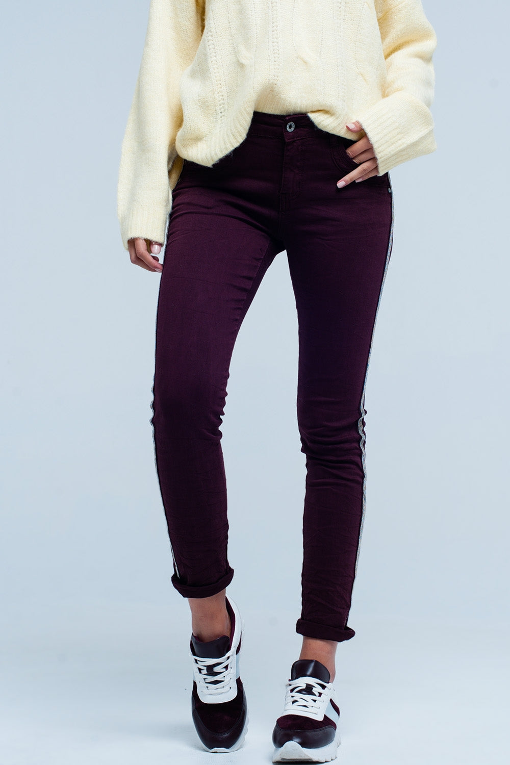 Maroon skinny jeans with metal side stripe Q2 Jeans BoutiqueLua