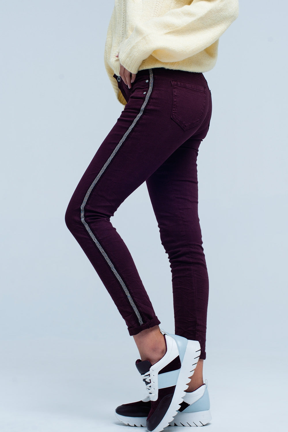 Maroon skinny jeans with metal side stripe Q2 Jeans BoutiqueLua