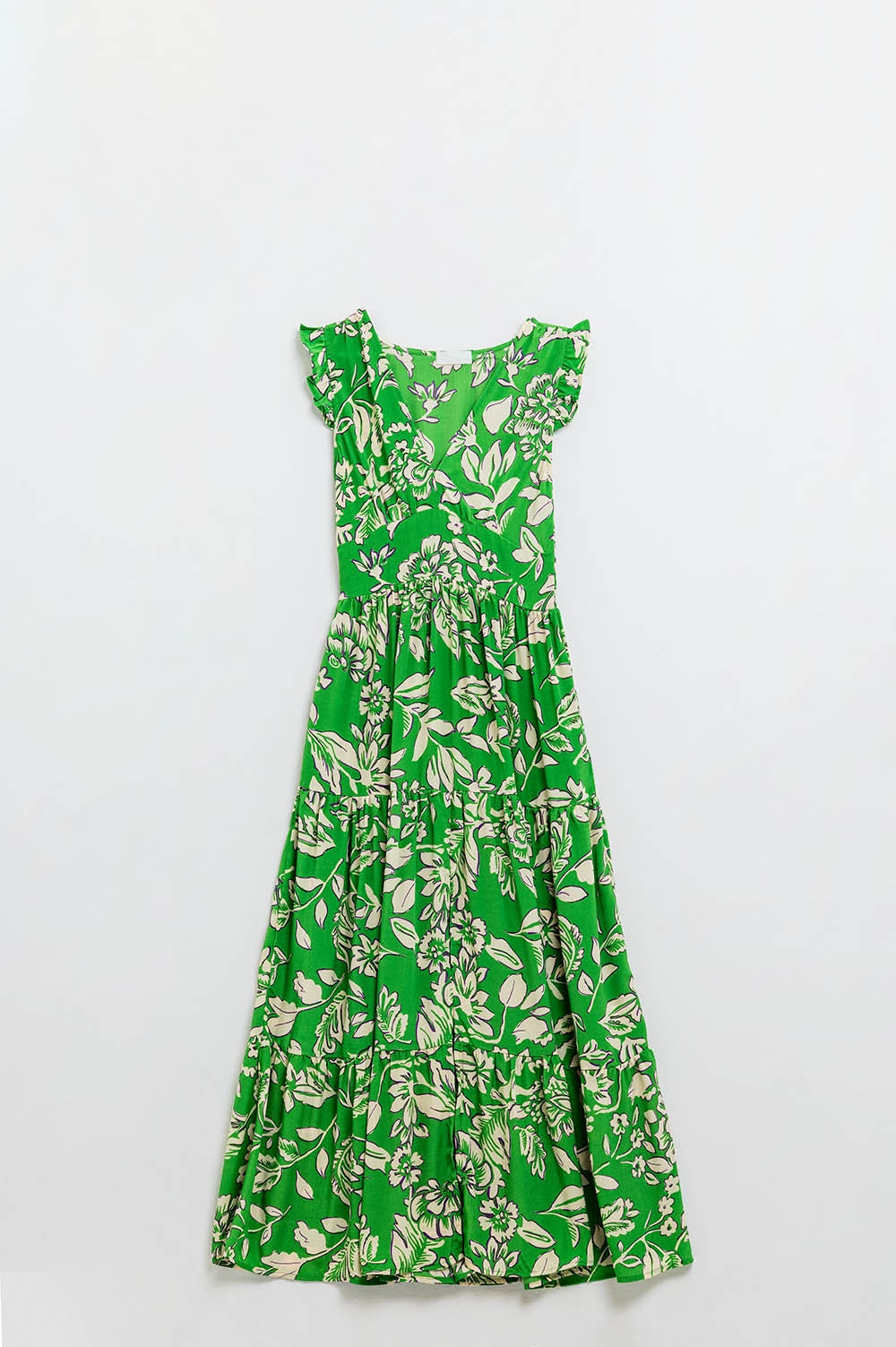 Maxi Cinched Waist Floral Print Dress in Green Q2 Dresses BoutiqueLua