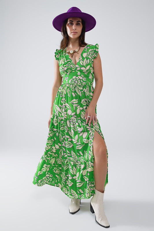 Q2 Maxi Cinched Waist Floral Print Dress in Green