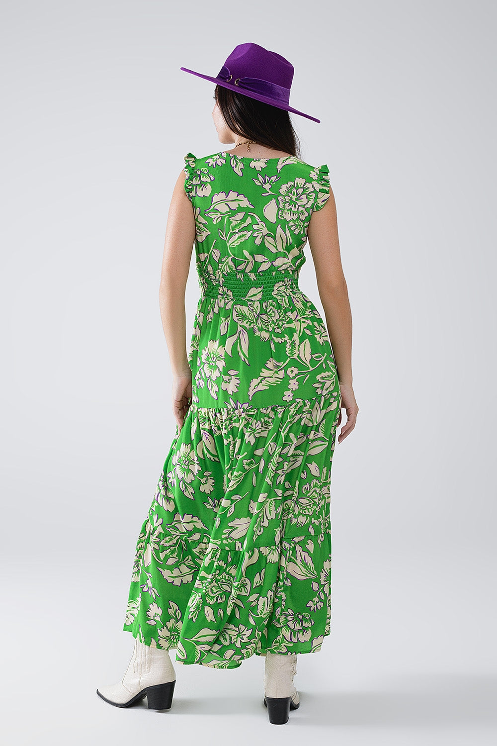 Maxi Cinched Waist Floral Print Dress in Green Q2 Dresses BoutiqueLua