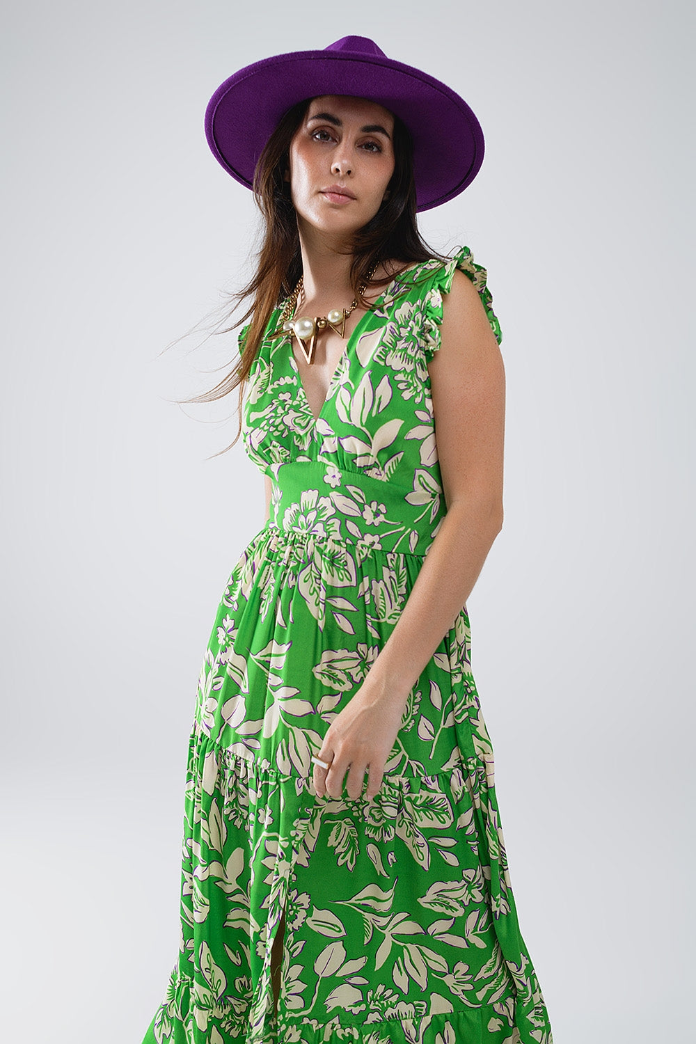 Maxi Cinched Waist Floral Print Dress in Green Q2 Dresses BoutiqueLua