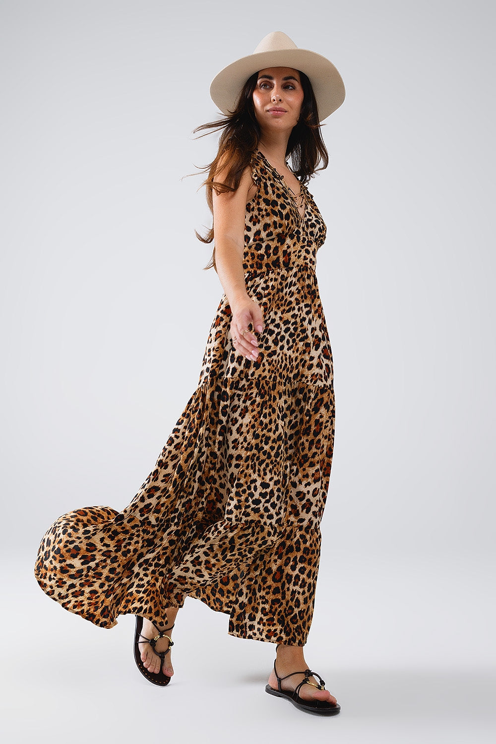 Maxi Cinched Waist Leopard Print Dress