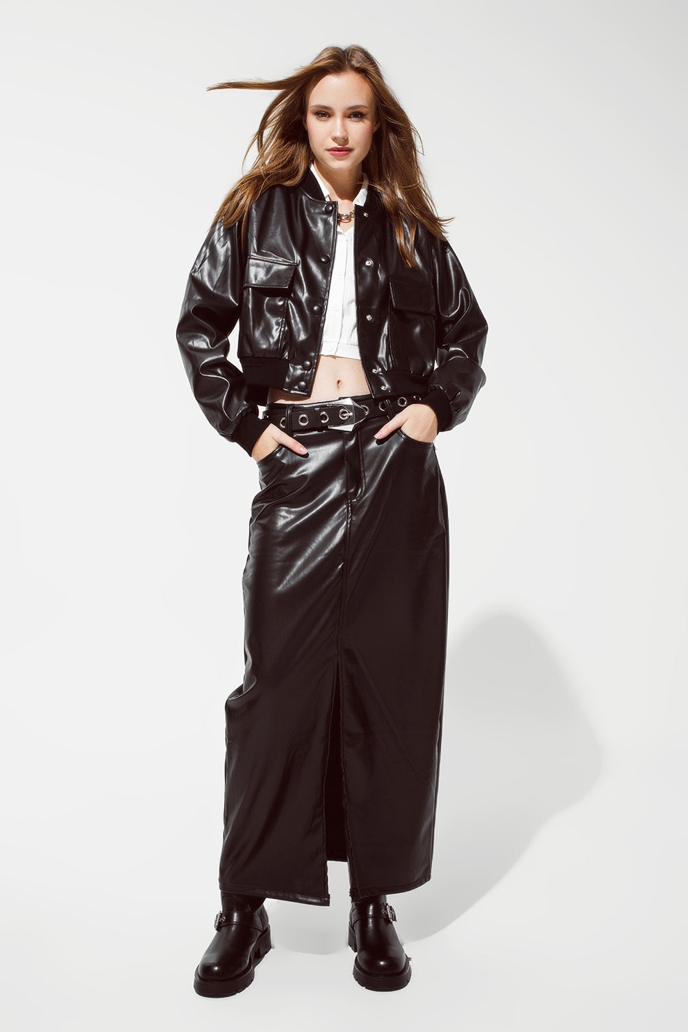 Maxi faux leather skirt with cut at the front Q2 Skirts BoutiqueLua