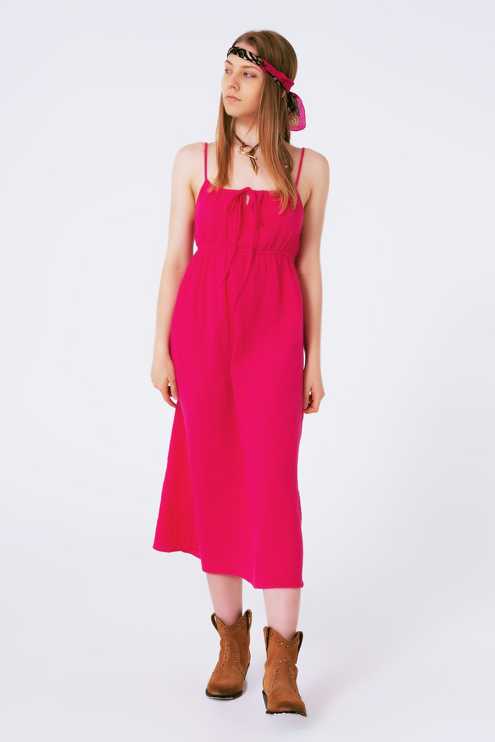 maxi fuchsia summer dress with straps and gathered waist Q2 Dresses BoutiqueLua