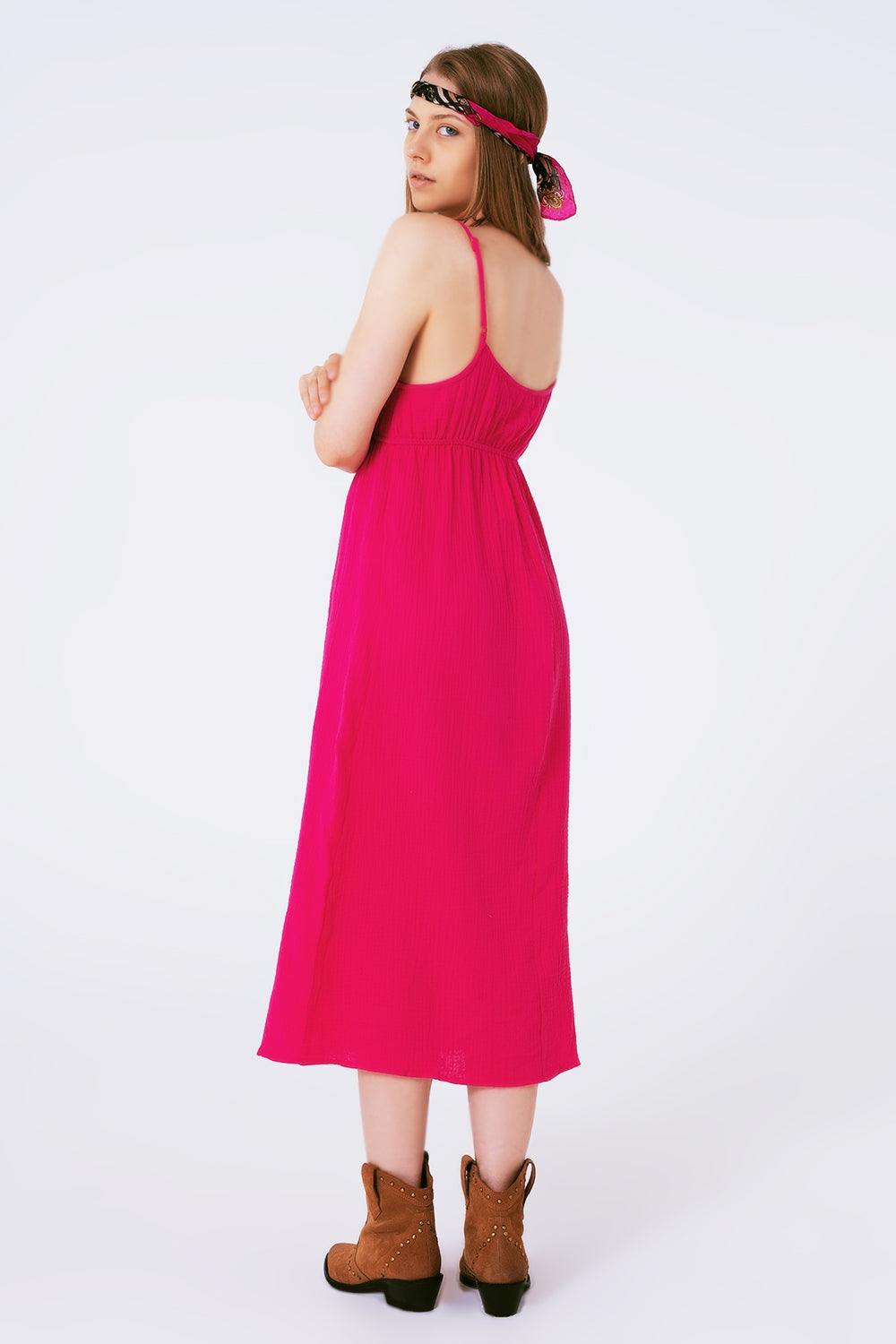 maxi fuchsia summer dress with straps and gathered waist Q2 Dresses BoutiqueLua