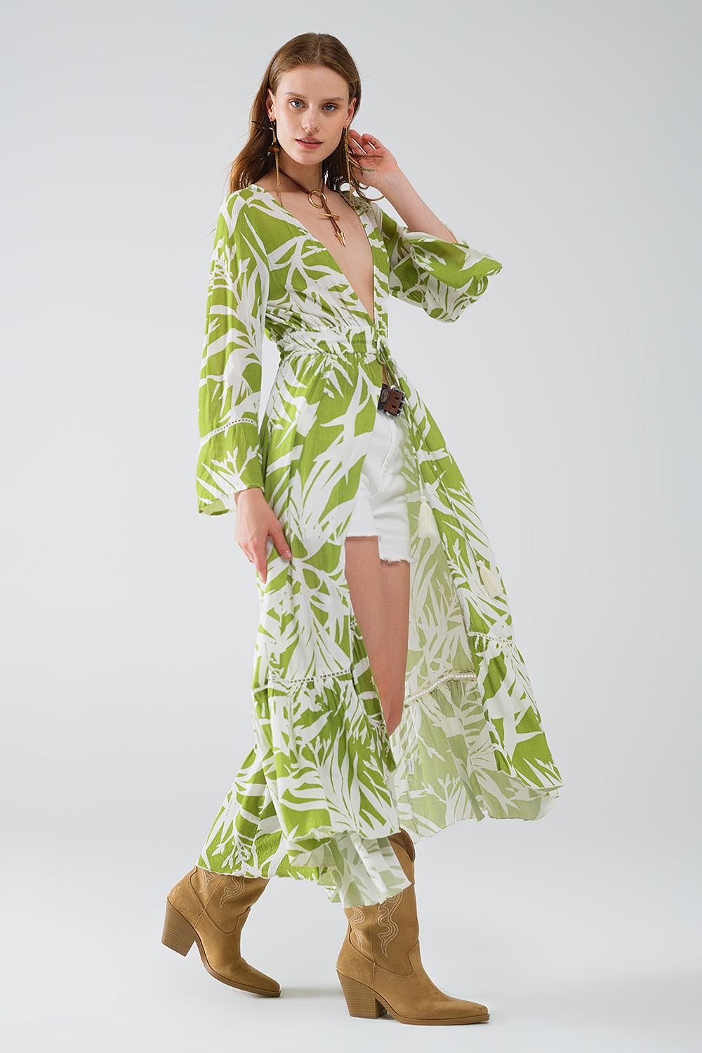 Maxi green kimono with tropical palm print Q2 Coats and Jackets BoutiqueLua