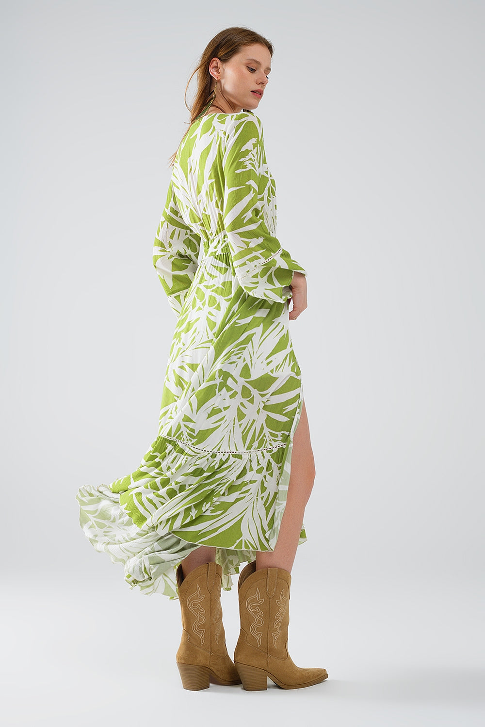 Maxi green kimono with tropical palm print Q2 Coats and Jackets BoutiqueLua