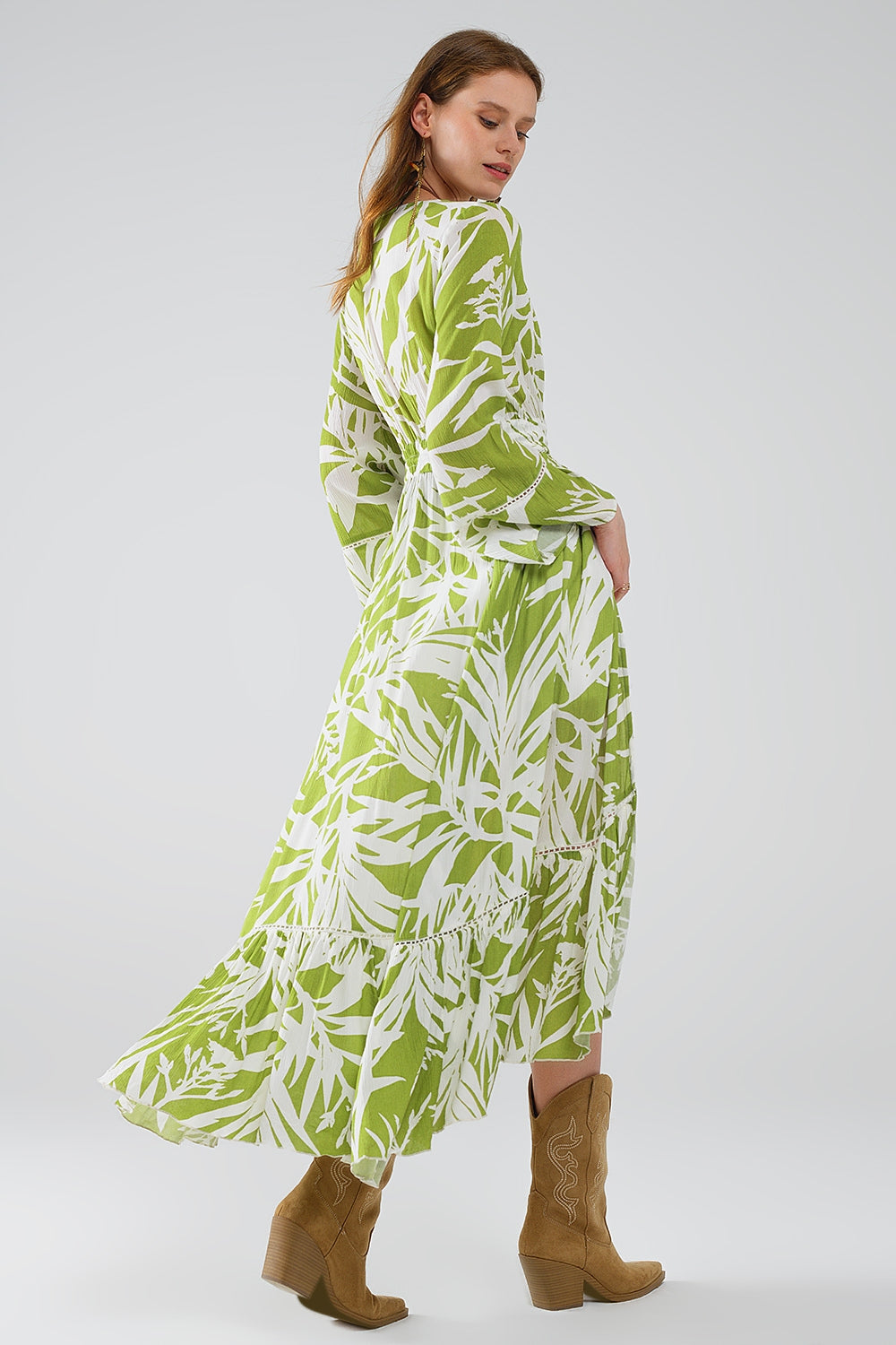 Maxi green kimono with tropical palm print Q2 Coats and Jackets BoutiqueLua