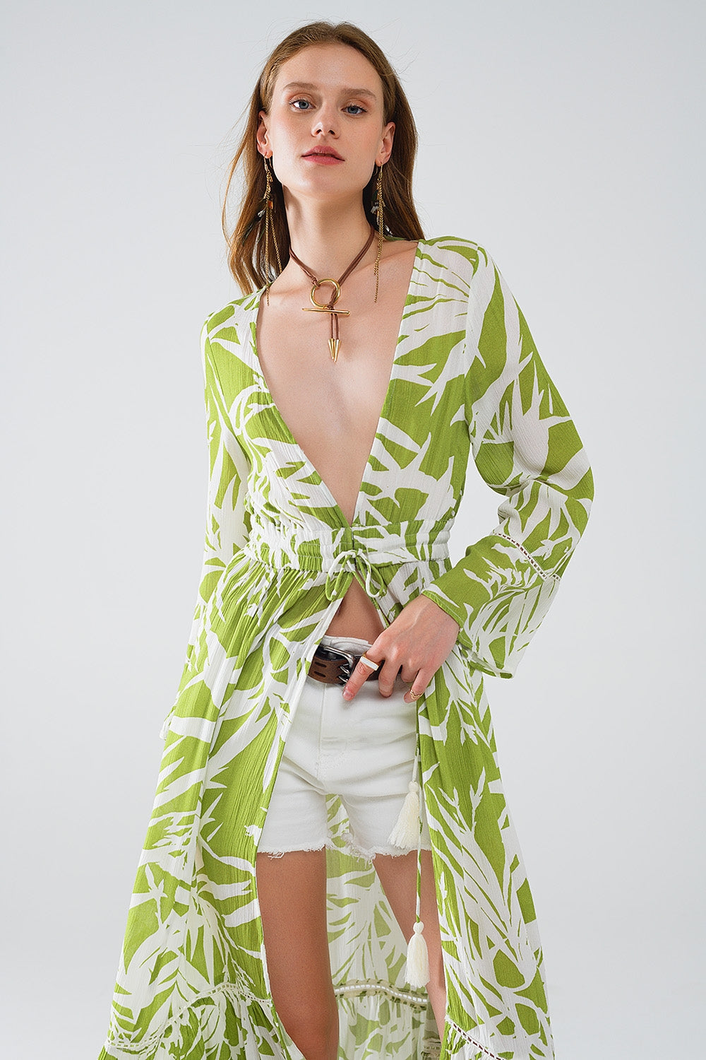 Maxi green kimono with tropical palm print Q2 Coats and Jackets BoutiqueLua