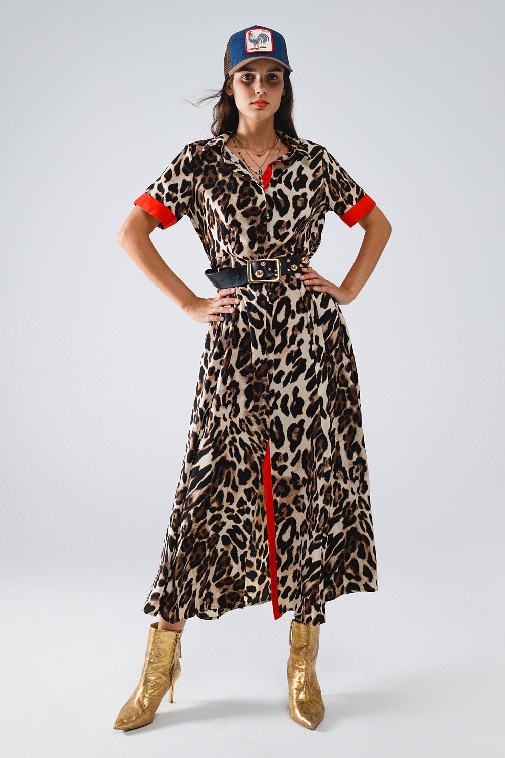 Maxi Leopard Button-Down Dress With Red Details Q2 Dresses BoutiqueLua