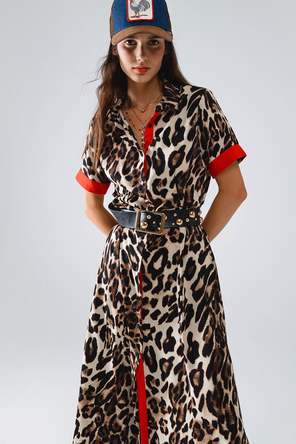 Maxi Leopard Button-Down Dress With Red Details Q2 Dresses BoutiqueLua