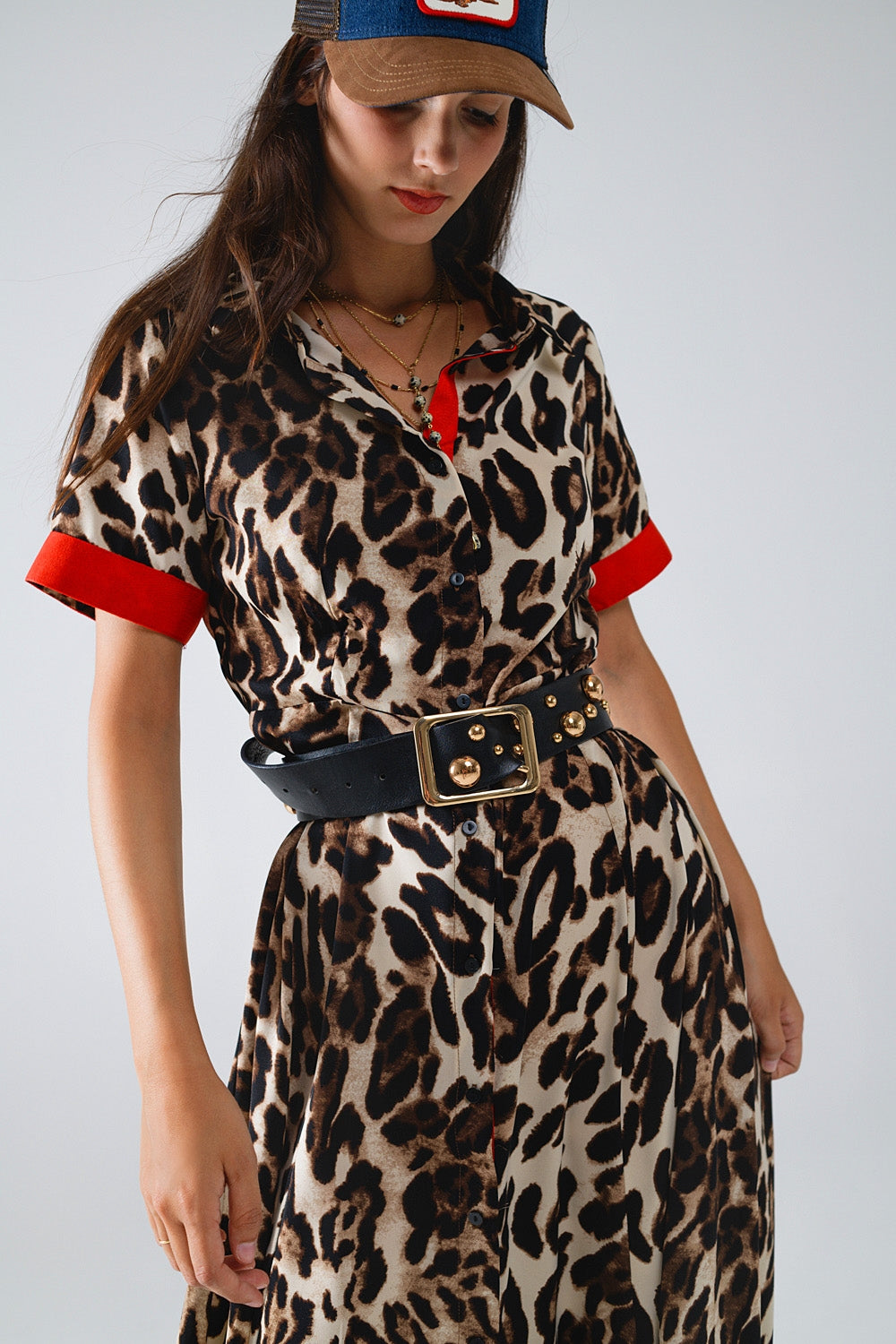 Maxi Leopard Button-Down Dress With Red Details Q2 Dresses BoutiqueLua