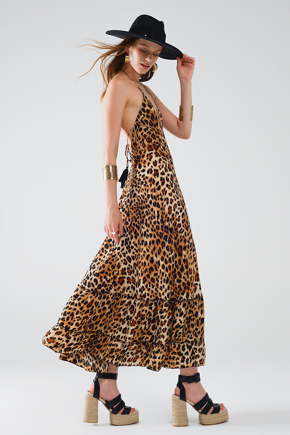 maxi leopard print boho dress with open back Q2 Dresses BoutiqueLua