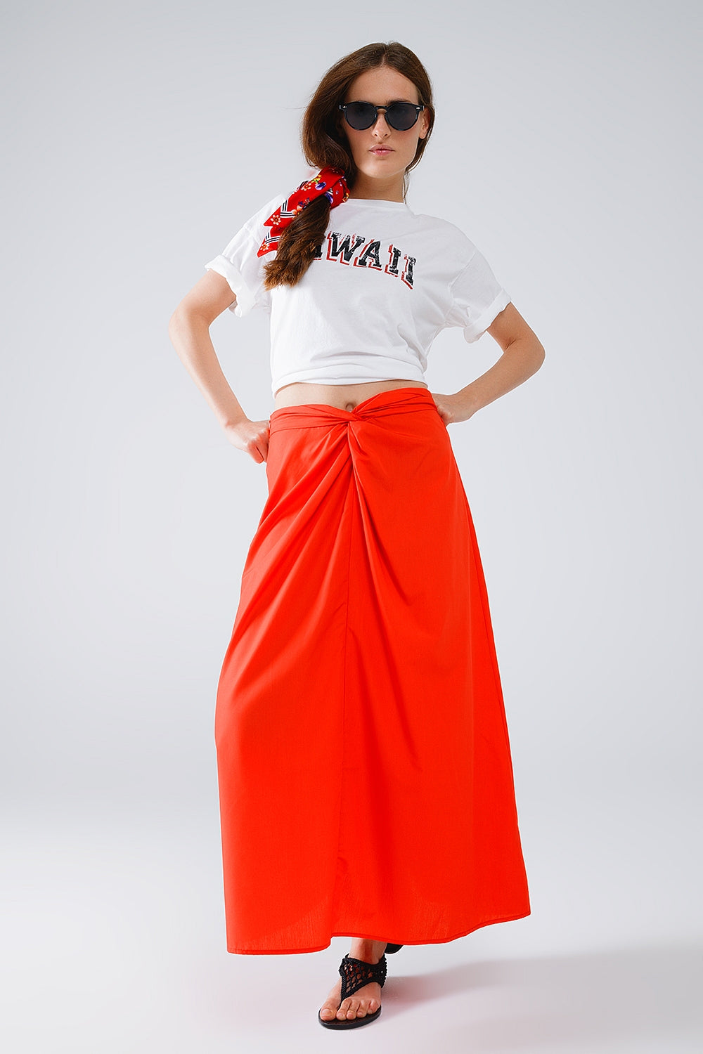 Maxi orange poplin skirt with knot detail at the waist Q2 Skirts BoutiqueLua