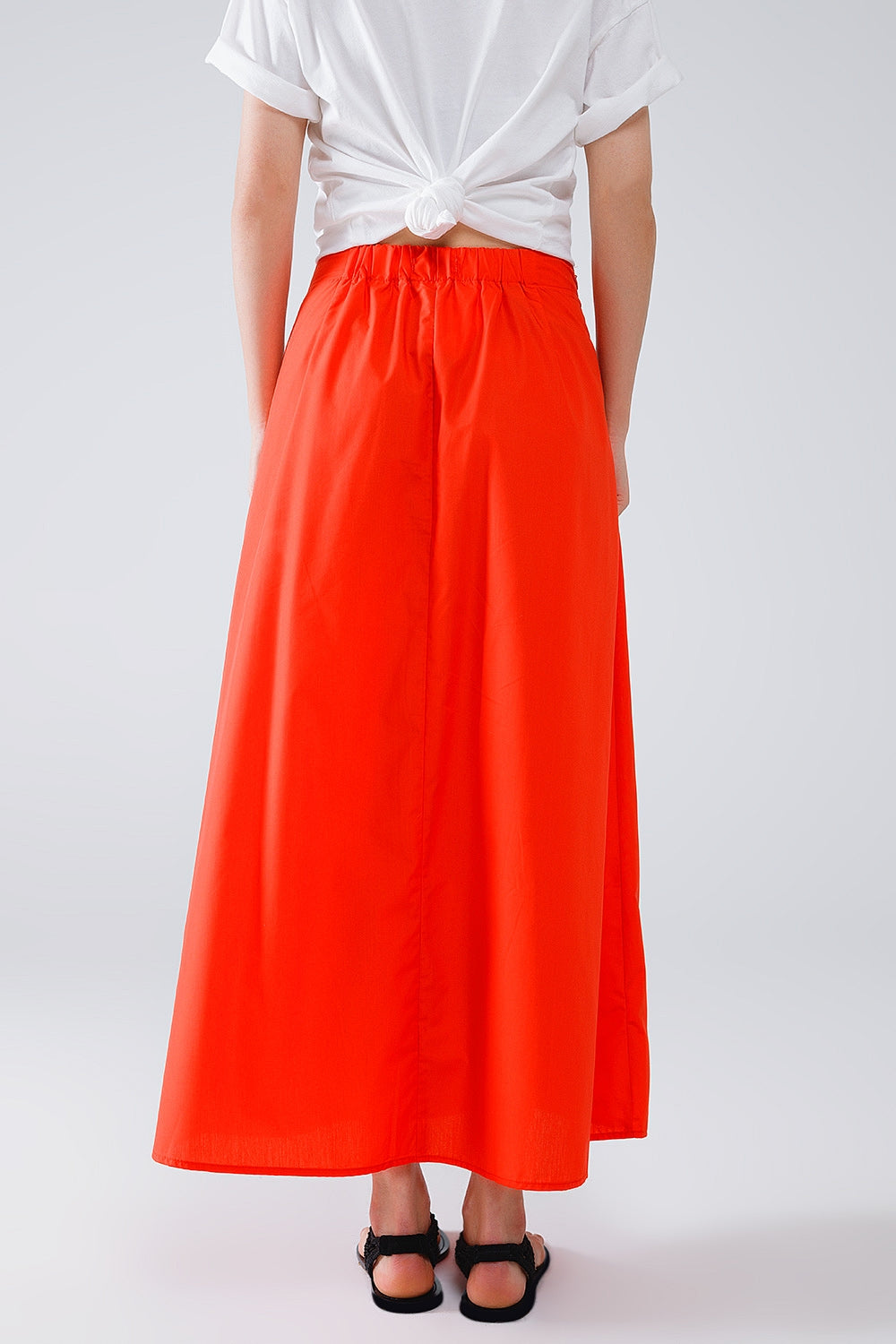 Maxi orange poplin skirt with knot detail at the waist Q2 Skirts BoutiqueLua