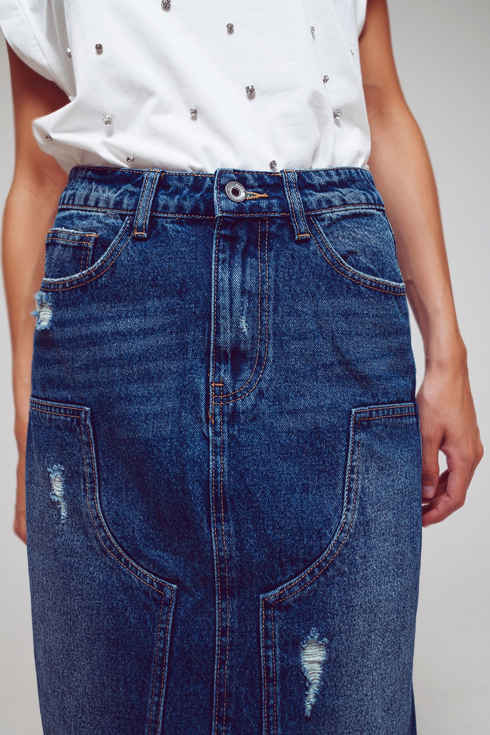 Maxi Pencil Denim Skirt With Panel Details In The Front Q2 Skirts BoutiqueLua