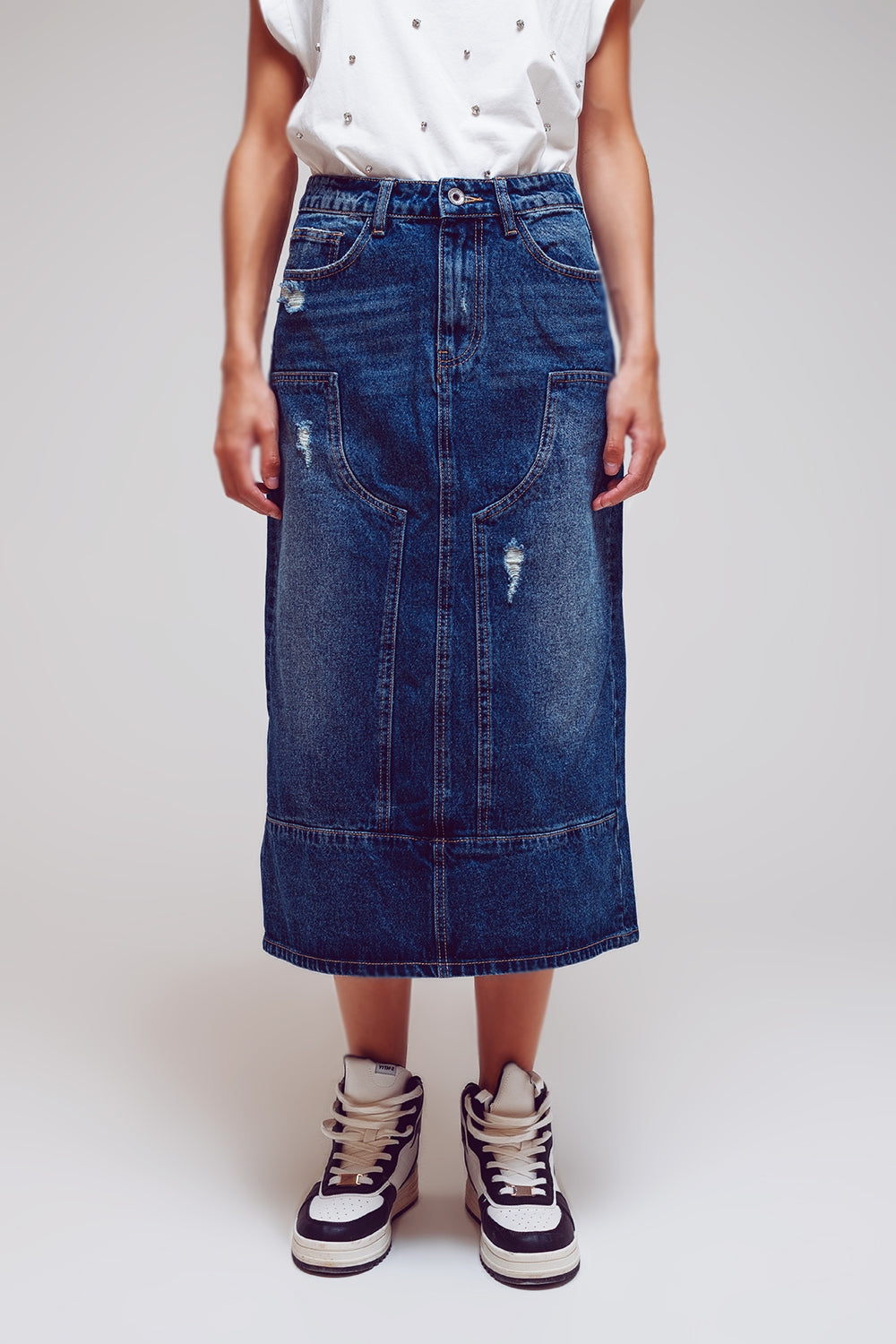 Maxi Pencil Denim Skirt With Panel Details In The Front Q2 Skirts BoutiqueLua