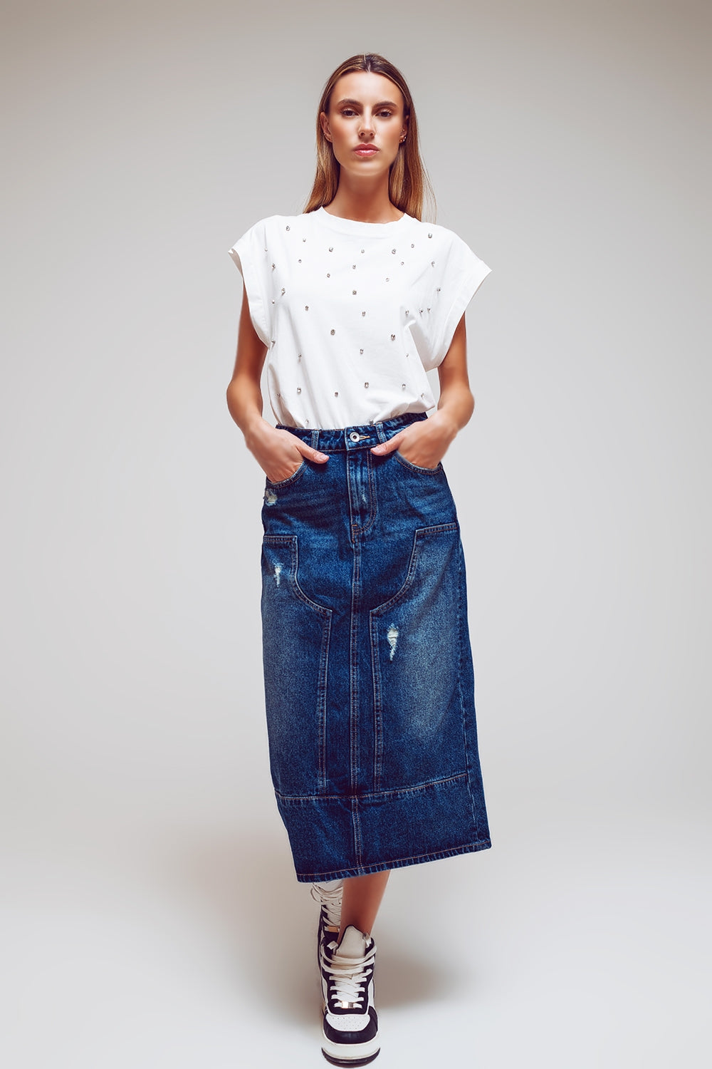 Maxi Pencil Denim Skirt With Panel Details In The Front Q2 Skirts BoutiqueLua