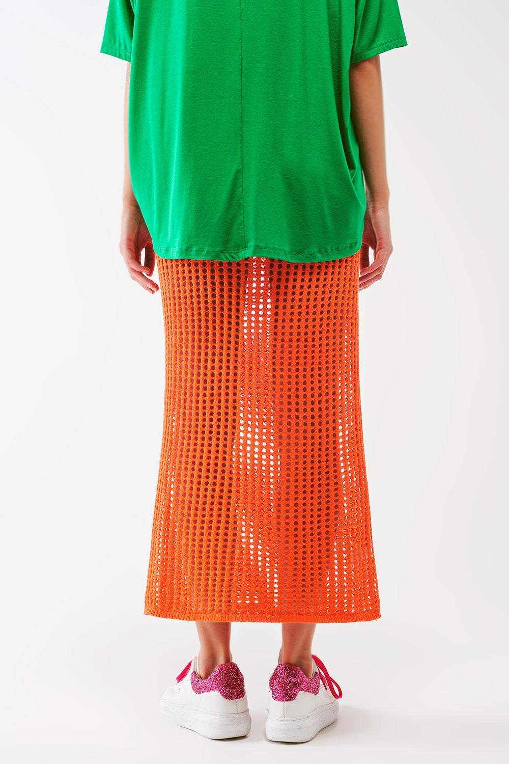 maxi sheer crochet skirt in Orange Q2 Skirts BoutiqueLua