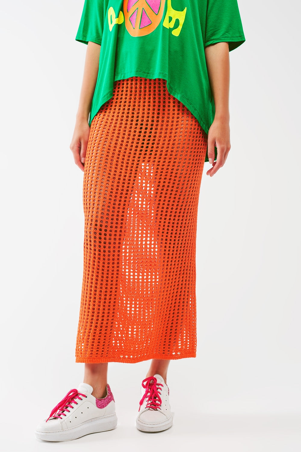 maxi sheer crochet skirt in Orange Q2 Skirts BoutiqueLua