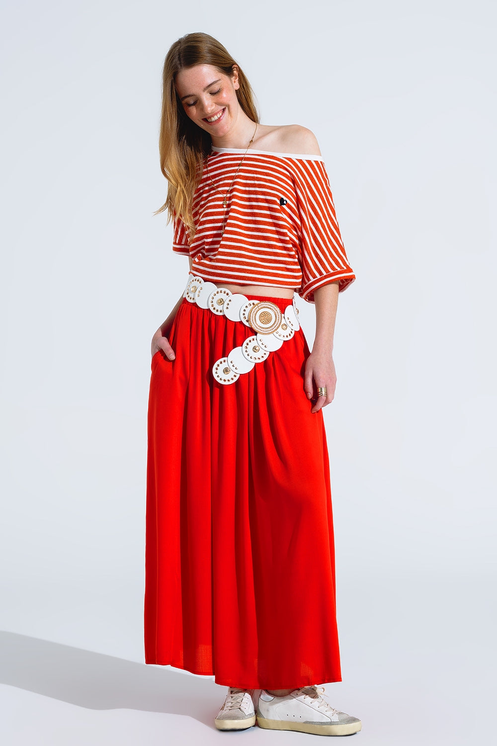 Maxi skirt in red fluid fabric with elastic waist Q2 Skirts BoutiqueLua