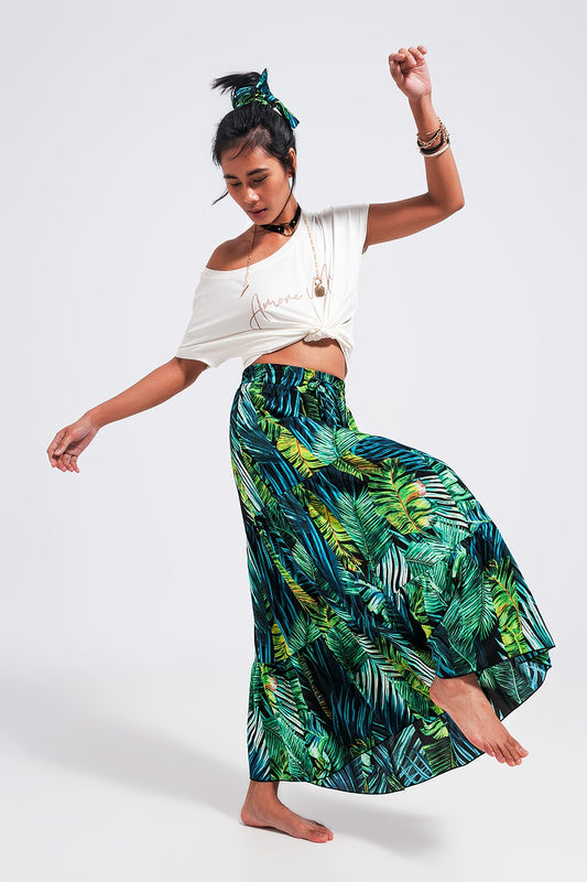 Q2 Maxi tiered skirt in green tropical print