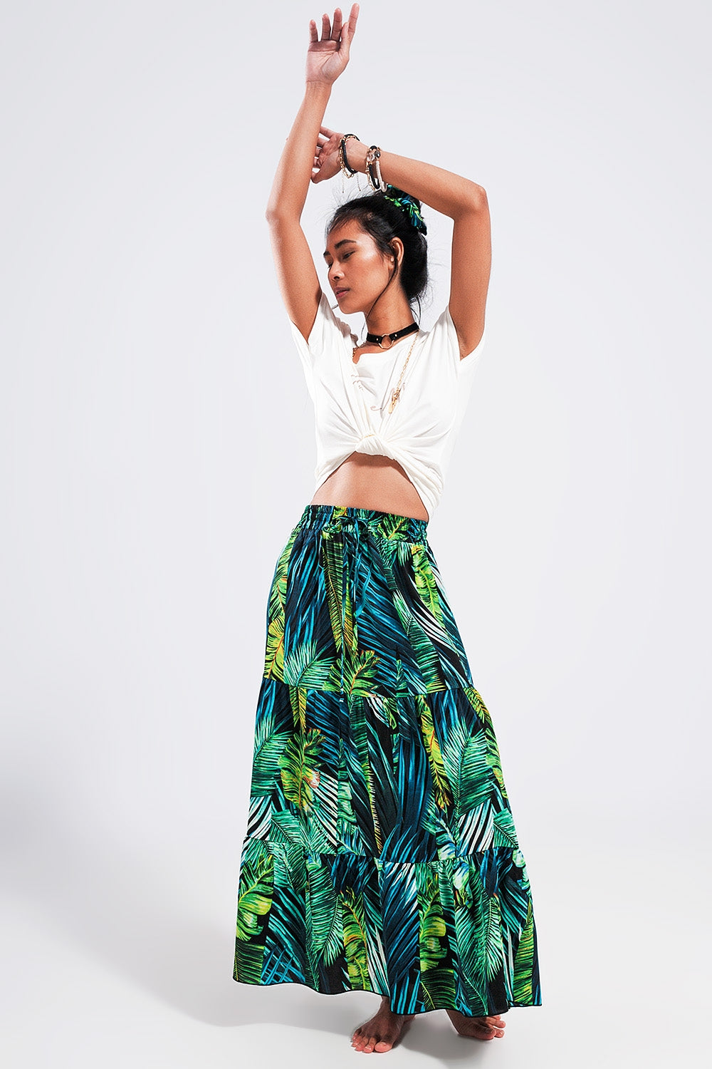 Maxi tiered skirt in green tropical print Q2 Skirts BoutiqueLua