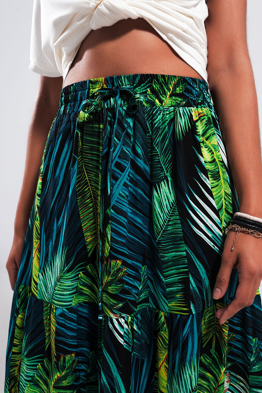 Maxi tiered skirt in green tropical print Q2 Skirts BoutiqueLua