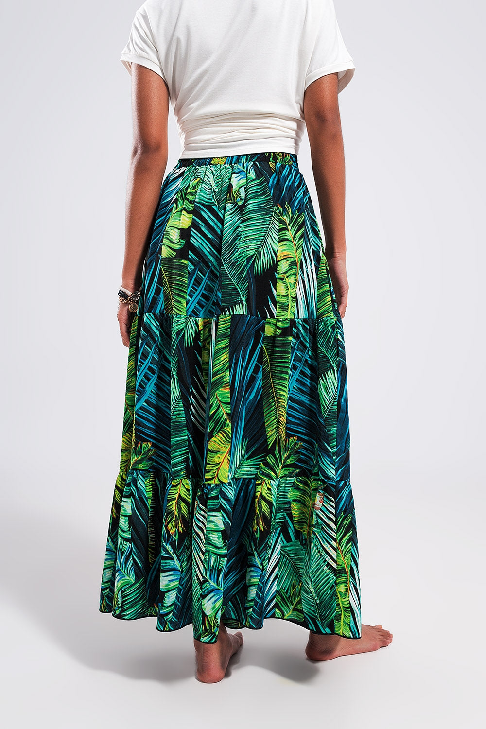 Maxi tiered skirt in green tropical print Q2 Skirts BoutiqueLua