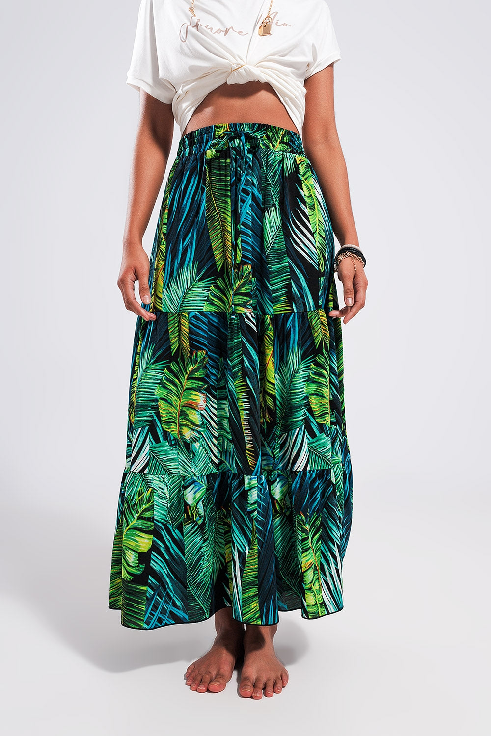 Maxi tiered skirt in green tropical print Q2 Skirts BoutiqueLua