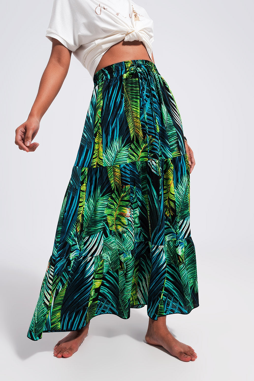 Maxi tiered skirt in green tropical print Q2 Skirts BoutiqueLua