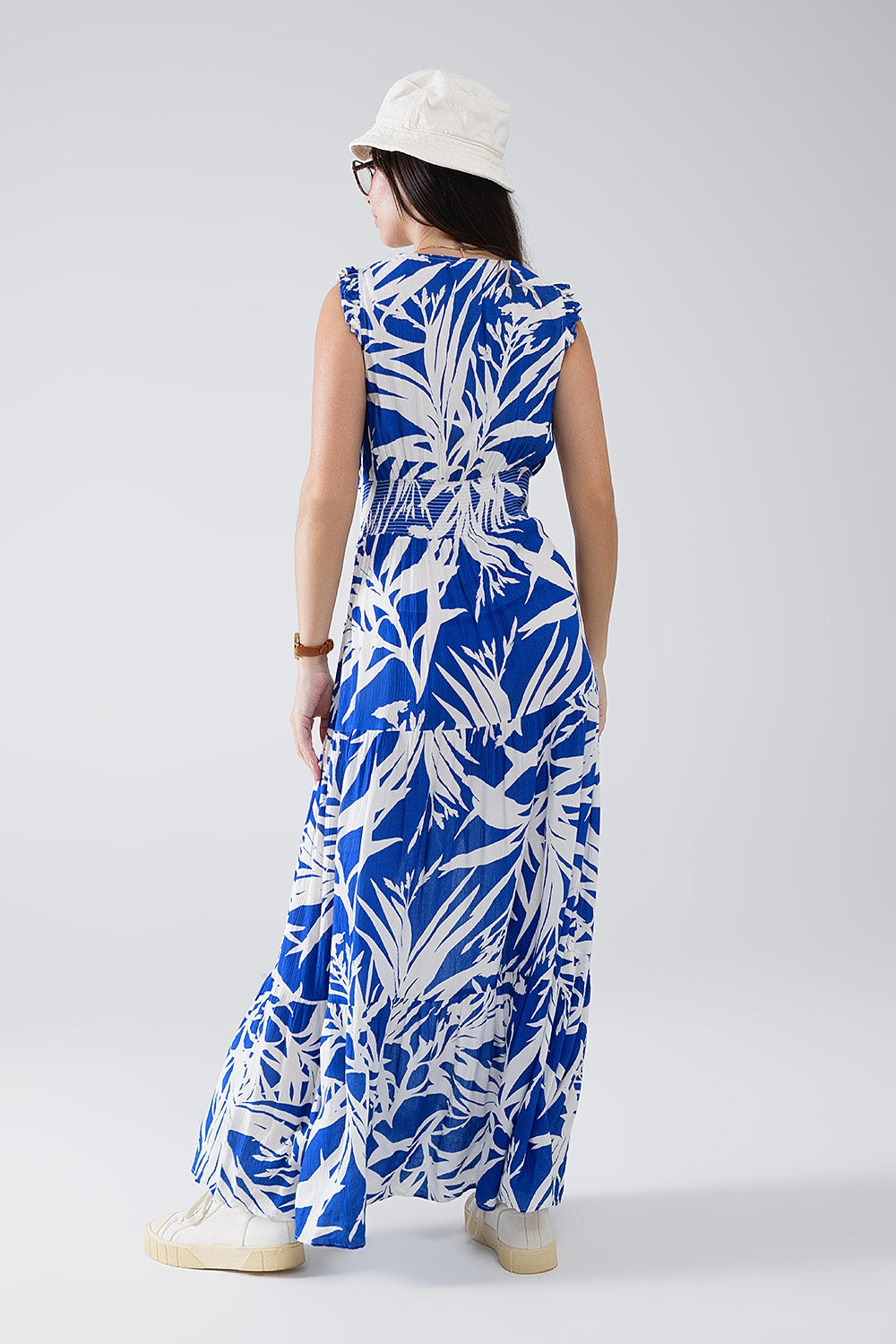 Maxi Tropical Print V-neck Dress With Slit in Blue Q2 Dresses BoutiqueLua