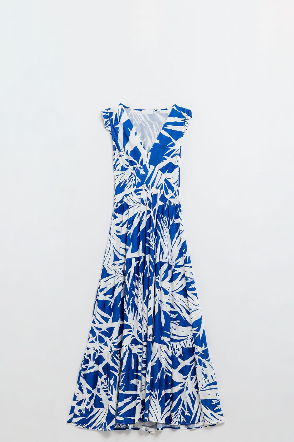 Maxi Tropical Print V-neck Dress With Slit in Blue Q2 Dresses BoutiqueLua