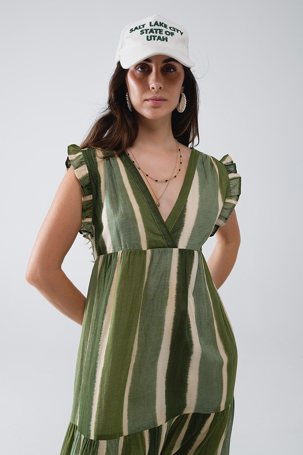 Maxi V-Neck Dress With Tiered Skirt In Striped Tie-dye Green Q2 Dresses BoutiqueLua