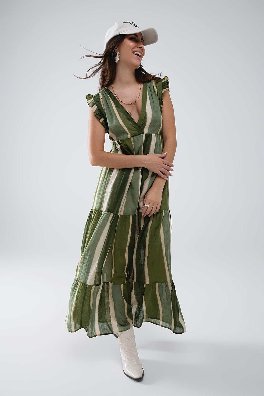 Maxi V-Neck Dress With Tiered Skirt In Striped Tie-dye Green Q2 Dresses BoutiqueLua