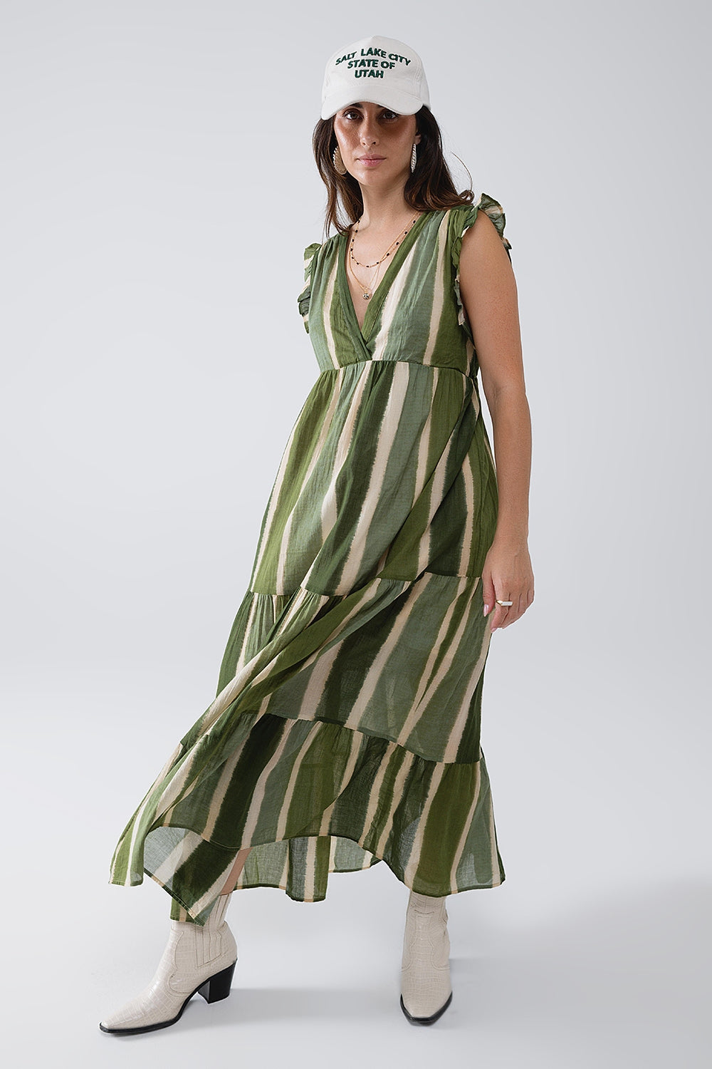 Maxi V-Neck Dress With Tiered Skirt In Striped Tie-dye Green Q2 Dresses BoutiqueLua