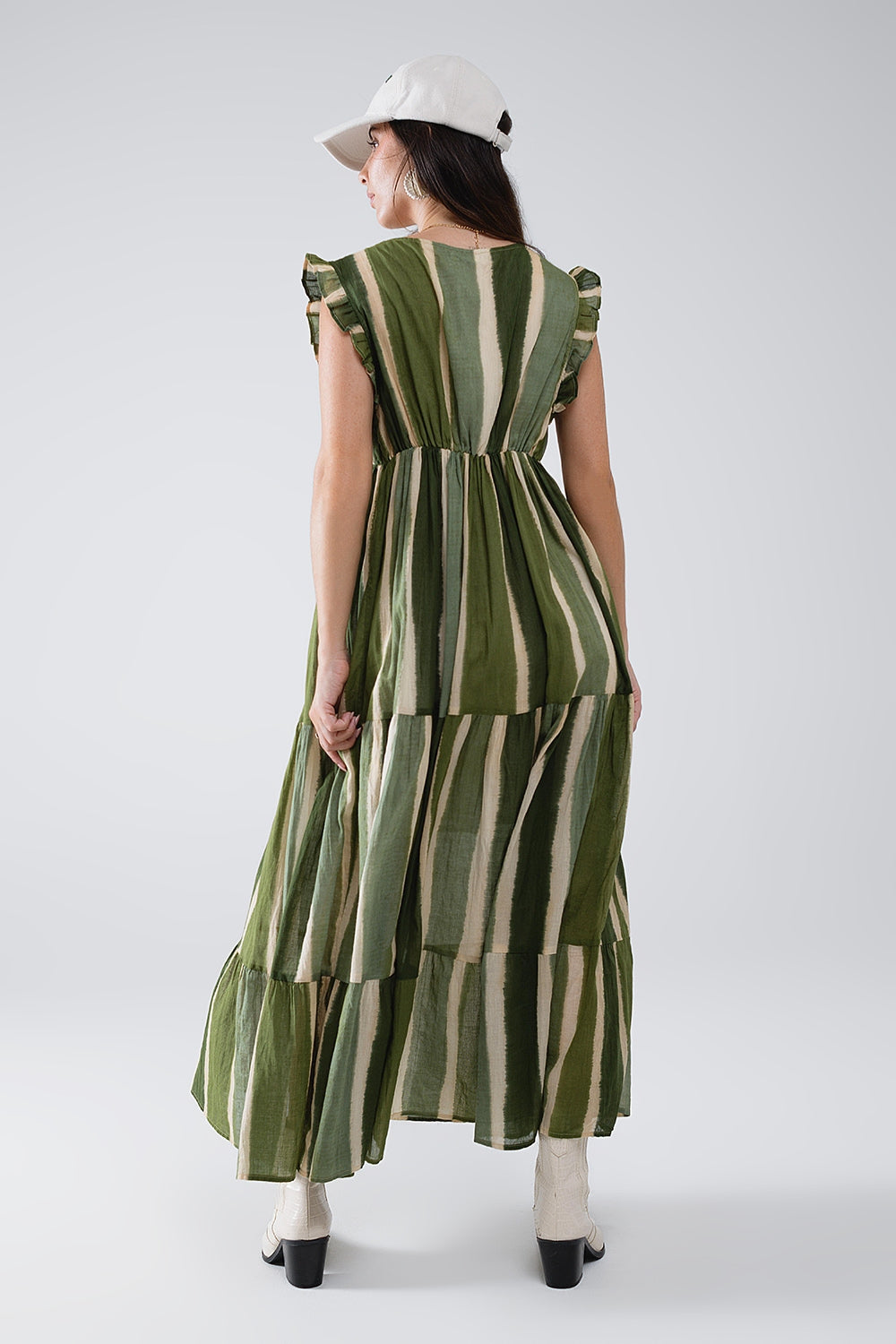 Maxi V-Neck Dress With Tiered Skirt In Striped Tie-dye Green Q2 Dresses BoutiqueLua