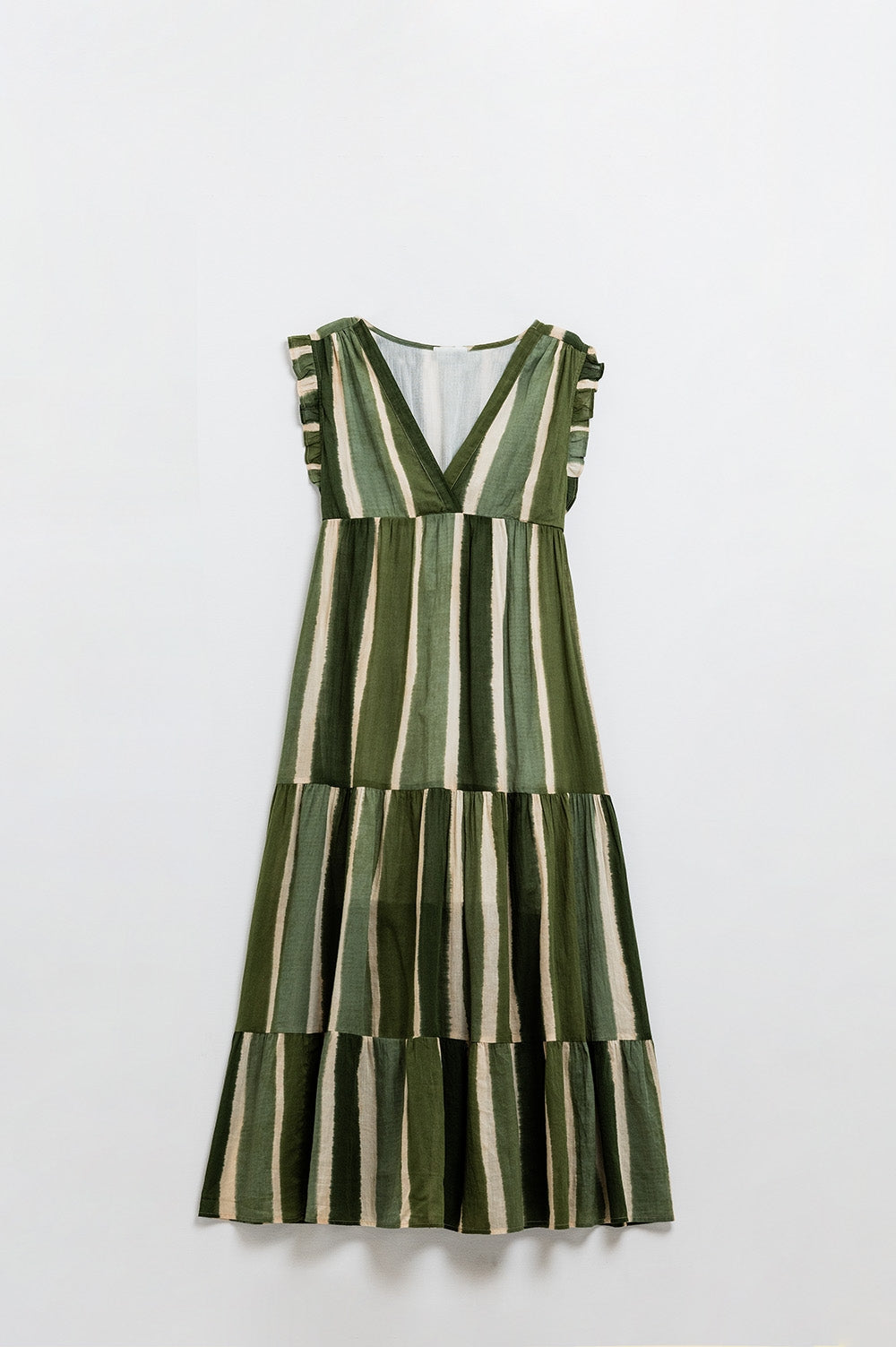 Maxi V-Neck Dress With Tiered Skirt In Striped Tie-dye Green Q2 Dresses BoutiqueLua