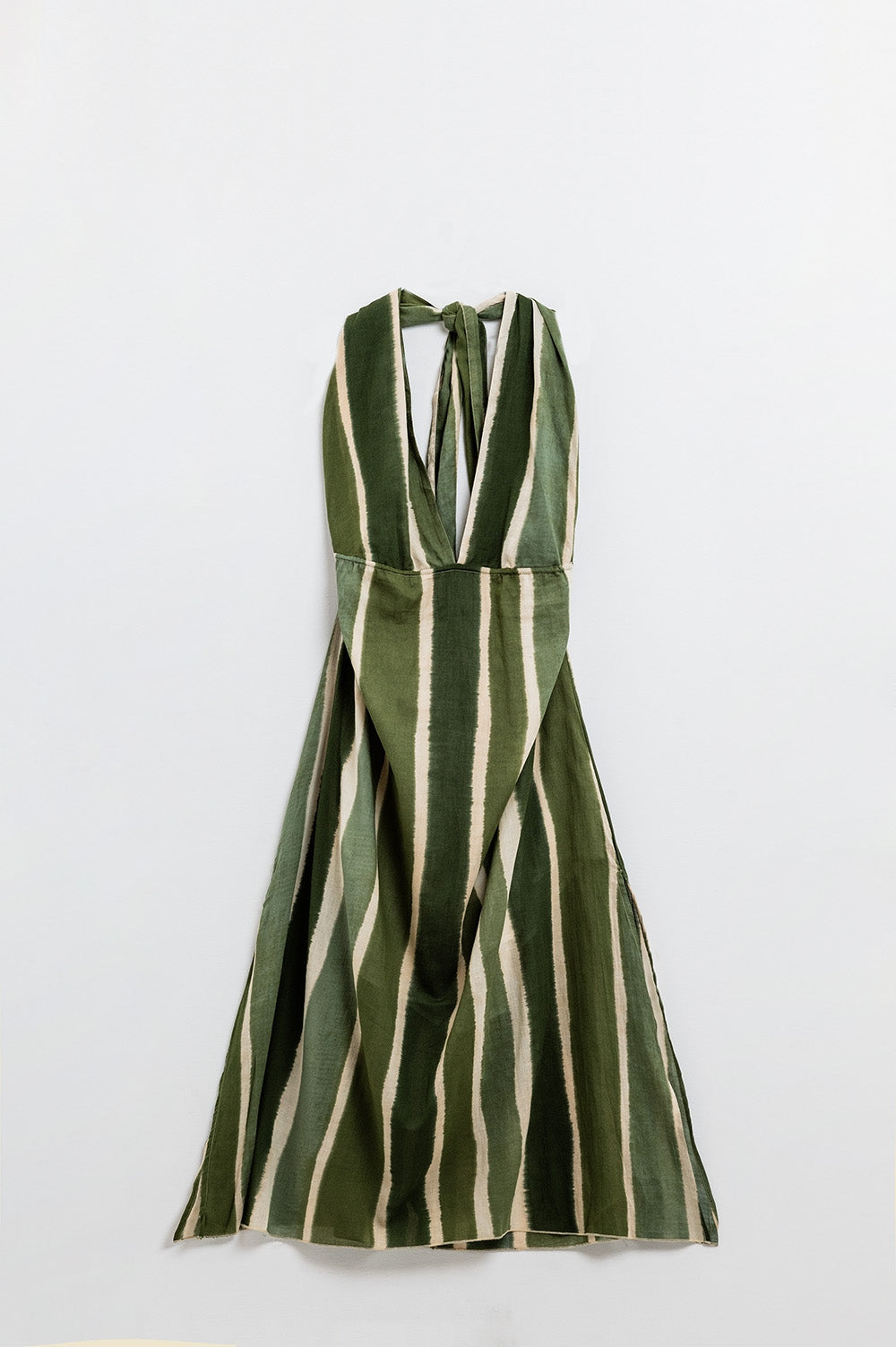 Maxi V-Neck Halter Dress With Side Slits In Striped Tie-dye Green Q2 Dresses BoutiqueLua