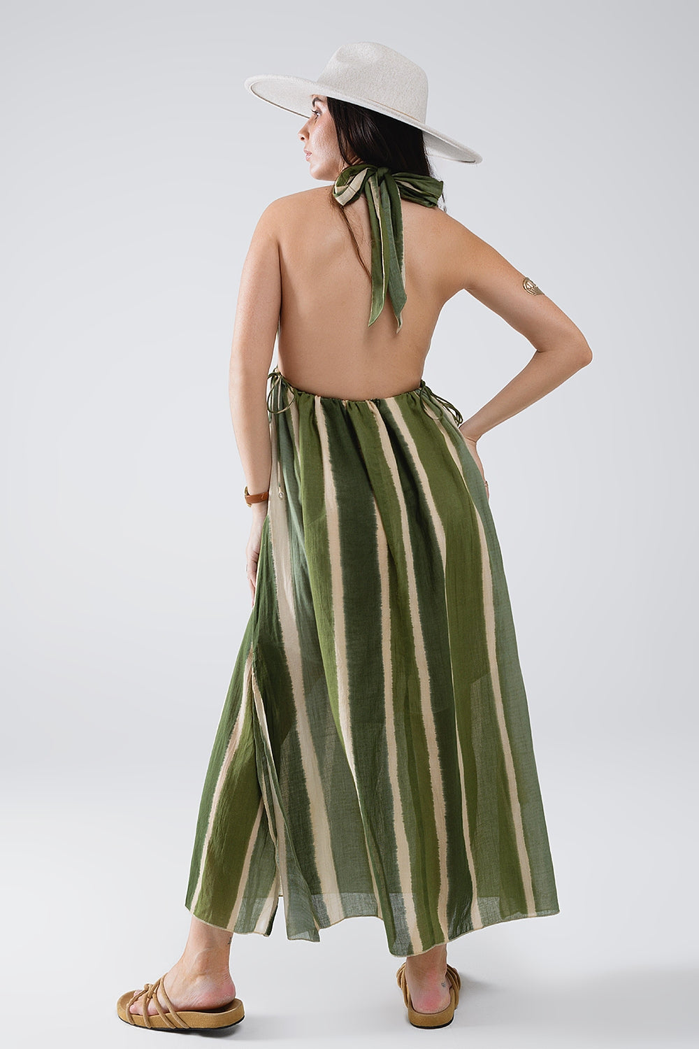 Maxi V-Neck Halter Dress With Side Slits In Striped Tie-dye Green Q2 Dresses BoutiqueLua