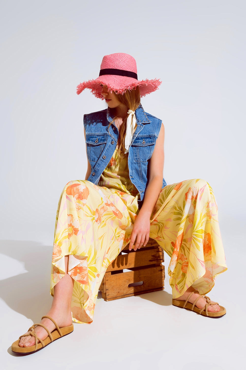 maxi yellow jumpsuit in tropical print Q2 Dresses BoutiqueLua