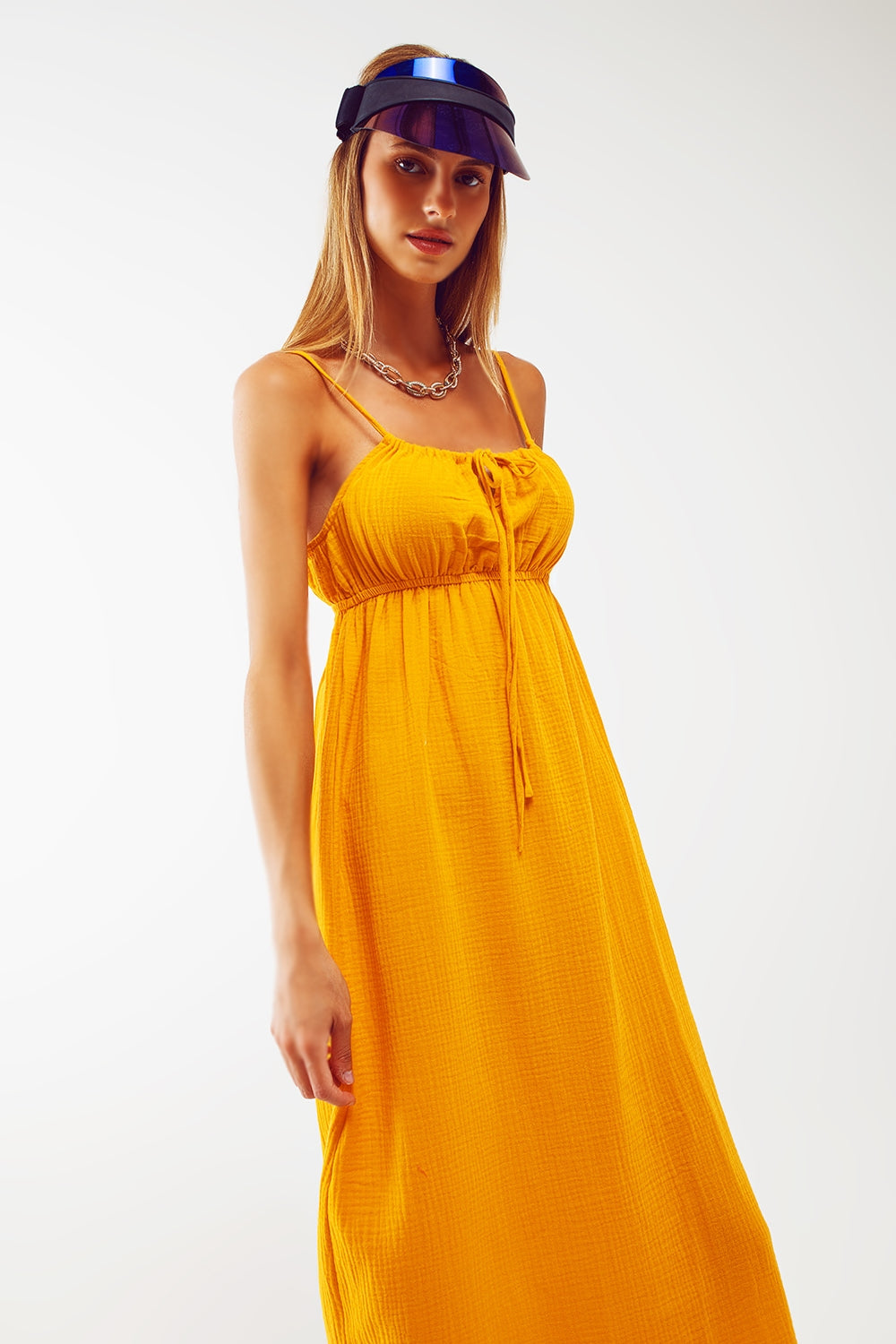 maxi yellow summer dress with straps and gathered waist Q2 Dresses BoutiqueLua