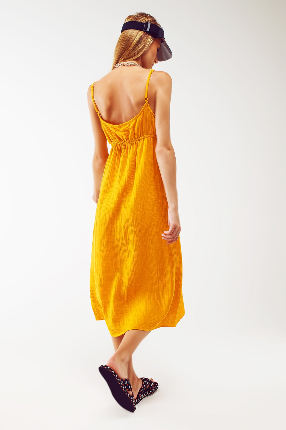 maxi yellow summer dress with straps and gathered waist Q2 Dresses BoutiqueLua