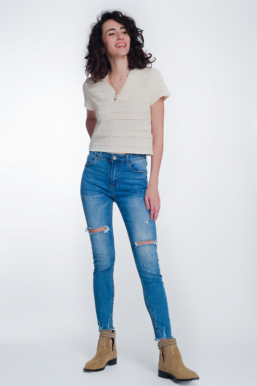 Mid denim super skinny jeans with holes in the knees Q2 Jeans BoutiqueLua